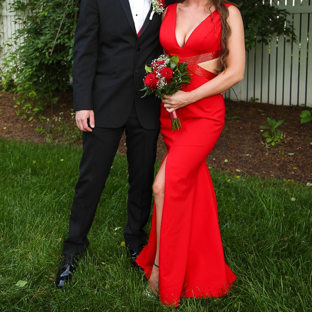 Red Sherri Hill Dress with cutouts and slit